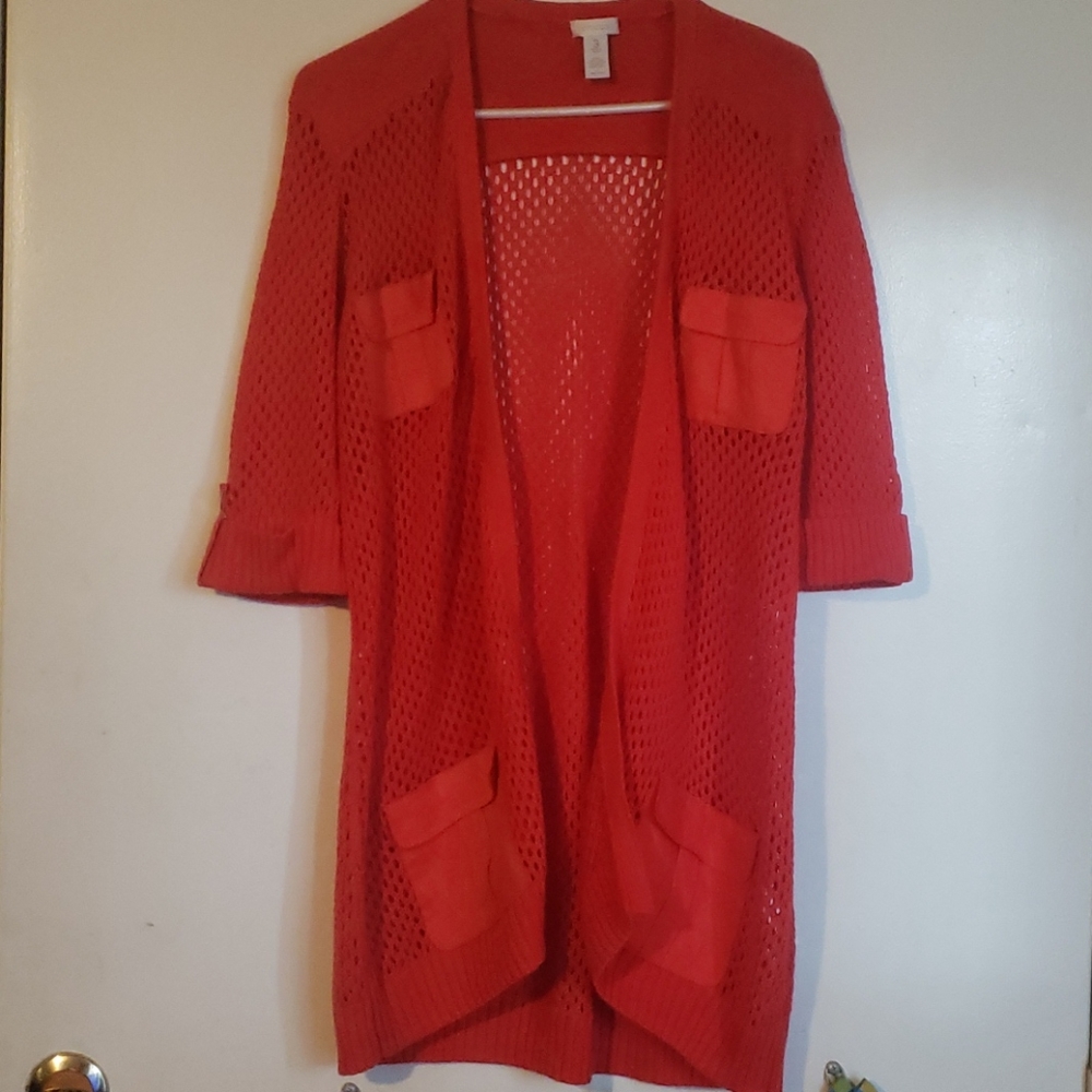 Chicos Coral Open Mesh Knit Cardigan Size 3 (XL)